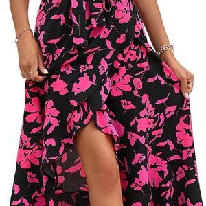 Womens Maxi Dress Summer Boho Floral V Neck Belted Ruffle High Low Casual